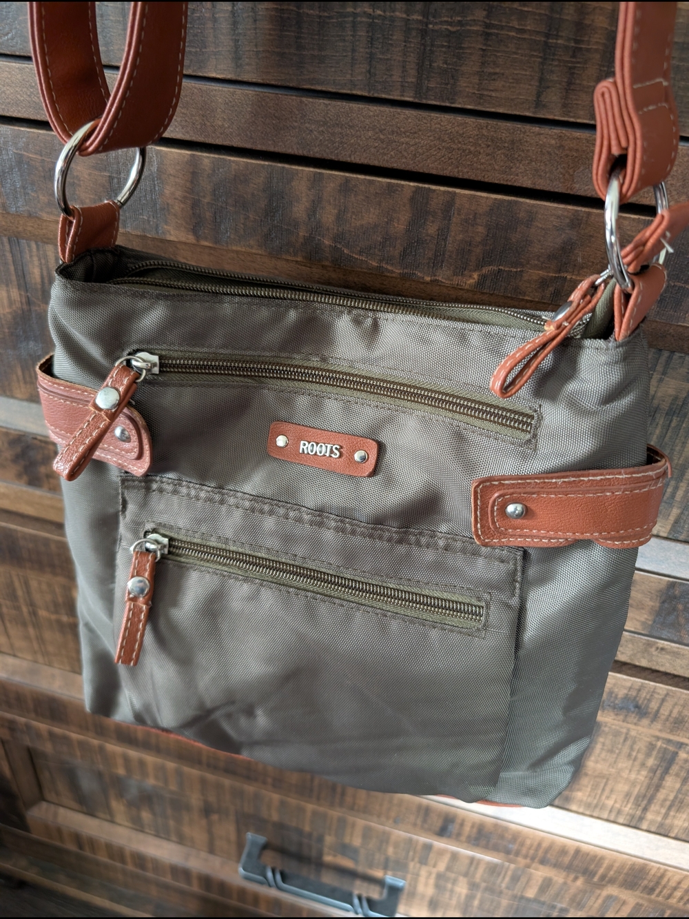 Roots Olive Crossbody with Brown Trim and Adjustable Strap
